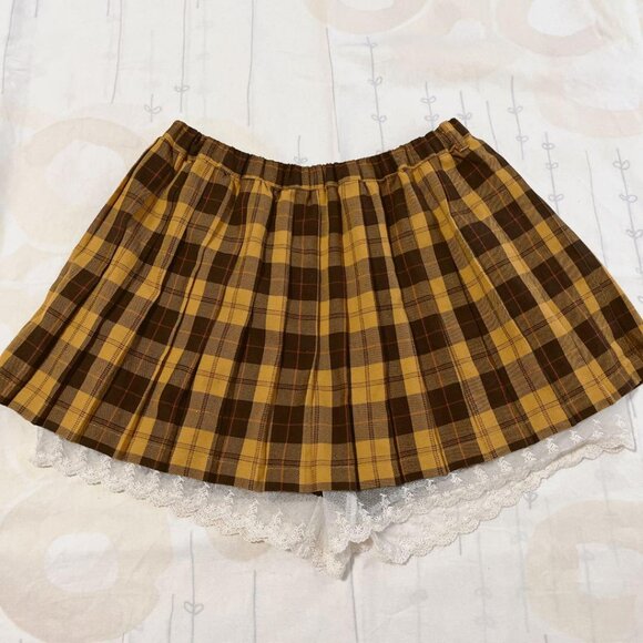 y2k mustard yellow plaid lace trim skort with pleats - Picture 4 of 7